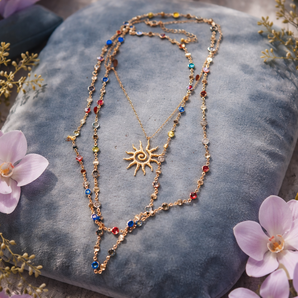 3-Layer Retro Sun Pendant Necklace – Golden Glow