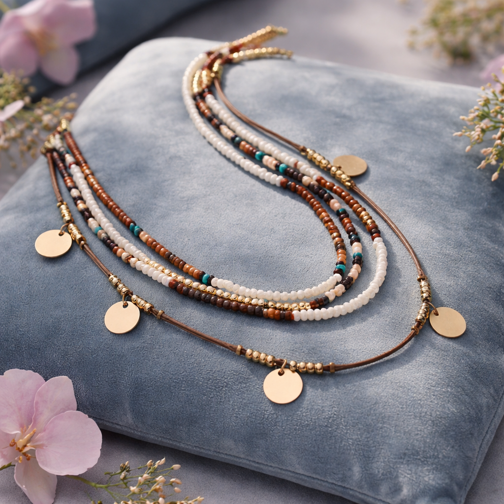 Handmade 3-Layer Woven Rice Bead Necklace – Boho Beauty