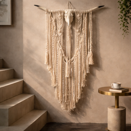 Boho Macramé Faux Cow Skull – Wild Desert Statement