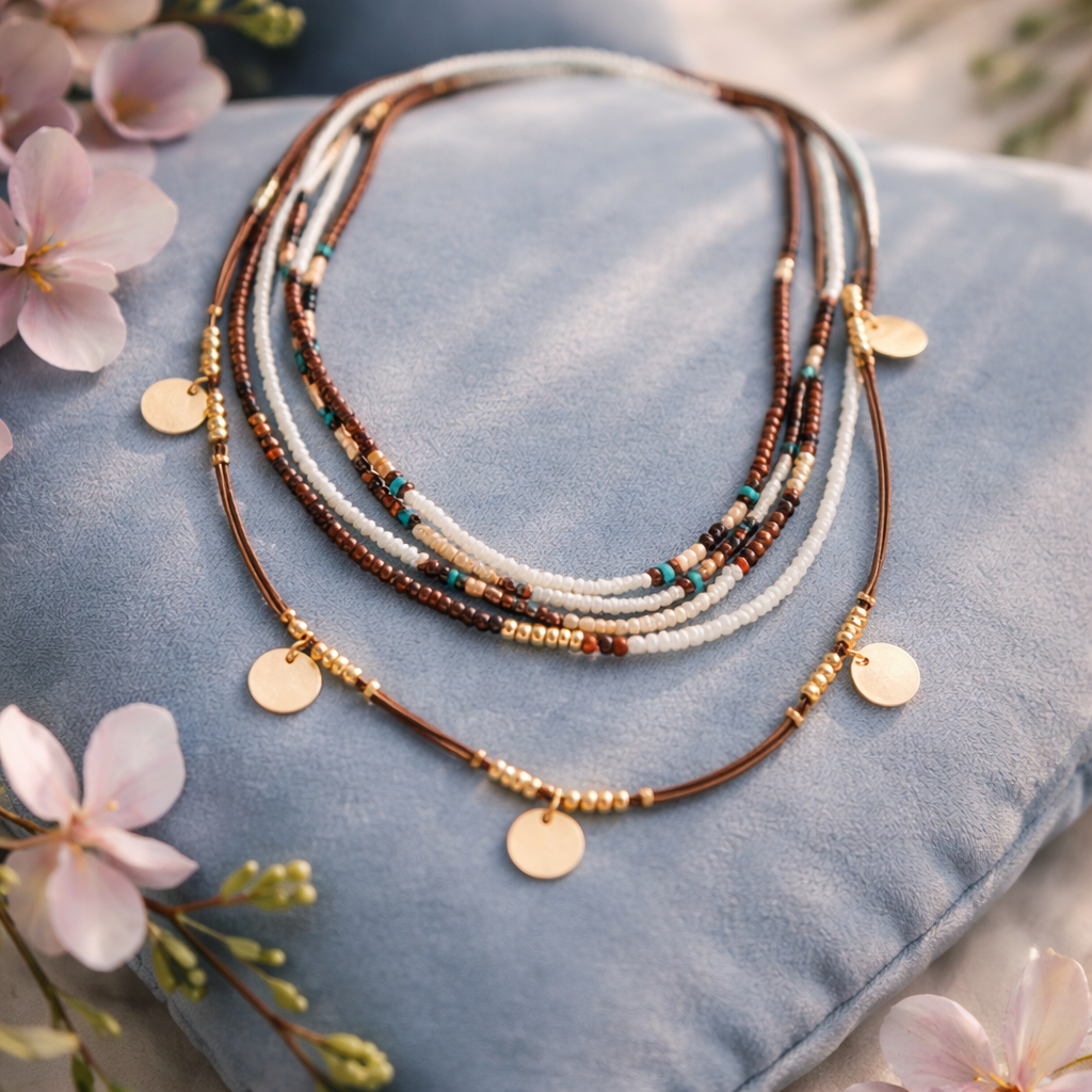 Handmade 3-Layer Woven Rice Bead Necklace – Boho Beauty
