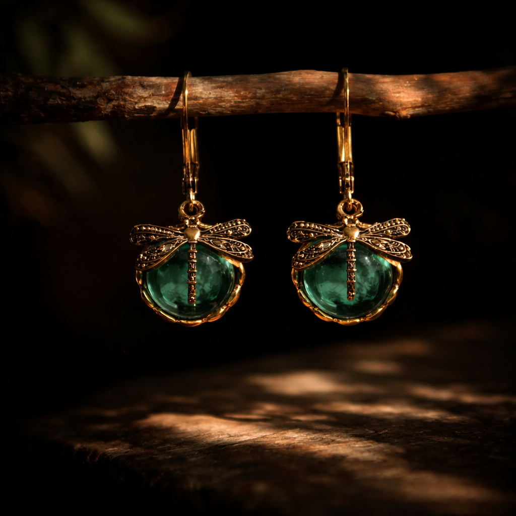 Vintage Dragonfly Green Crystal Earrings – Boho Enchantment