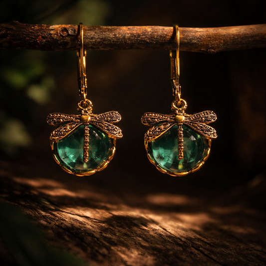 Vintage Dragonfly Green Crystal Earrings – Boho Enchantment