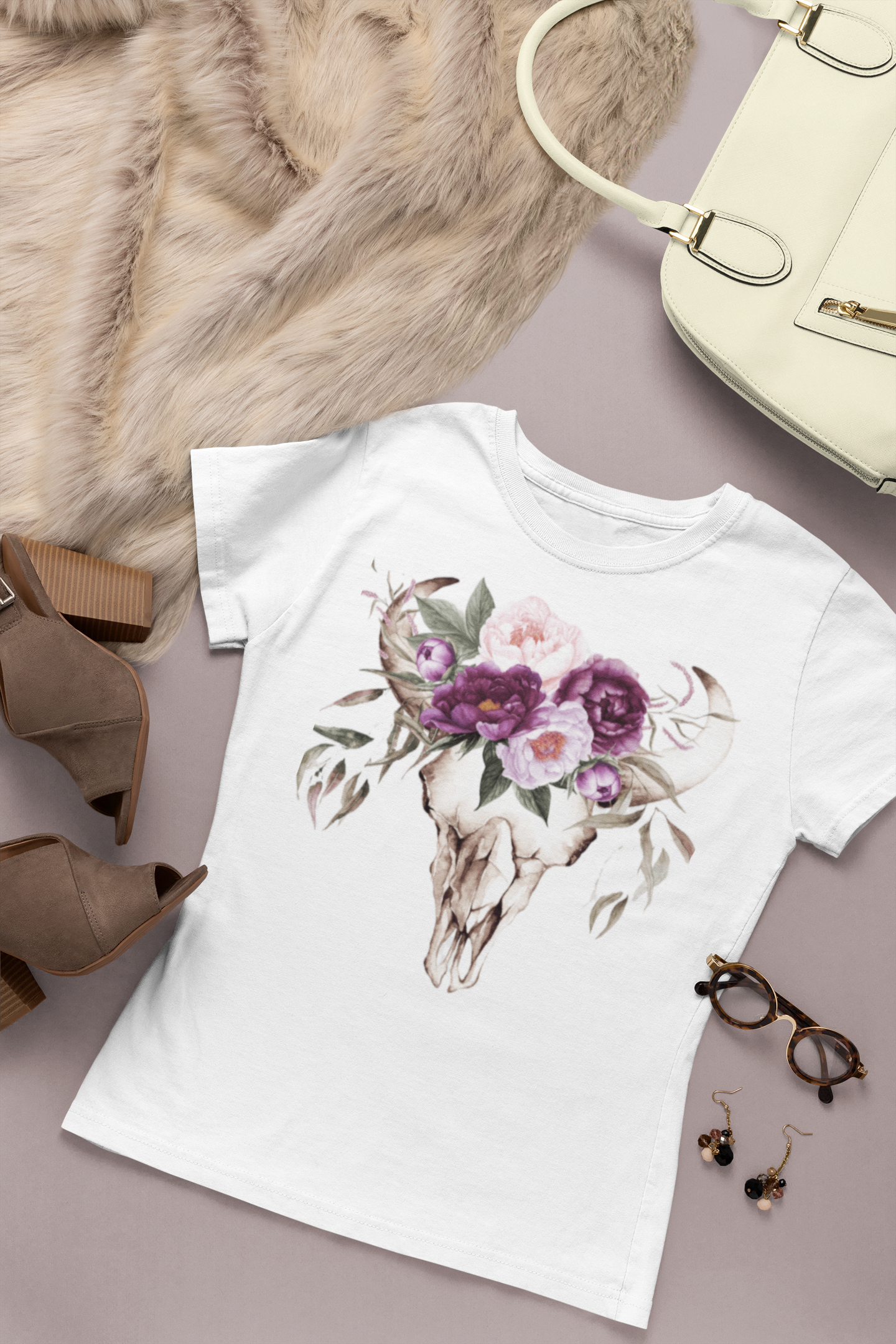 Boho Bull Skull & Purple Flower T-Shirt