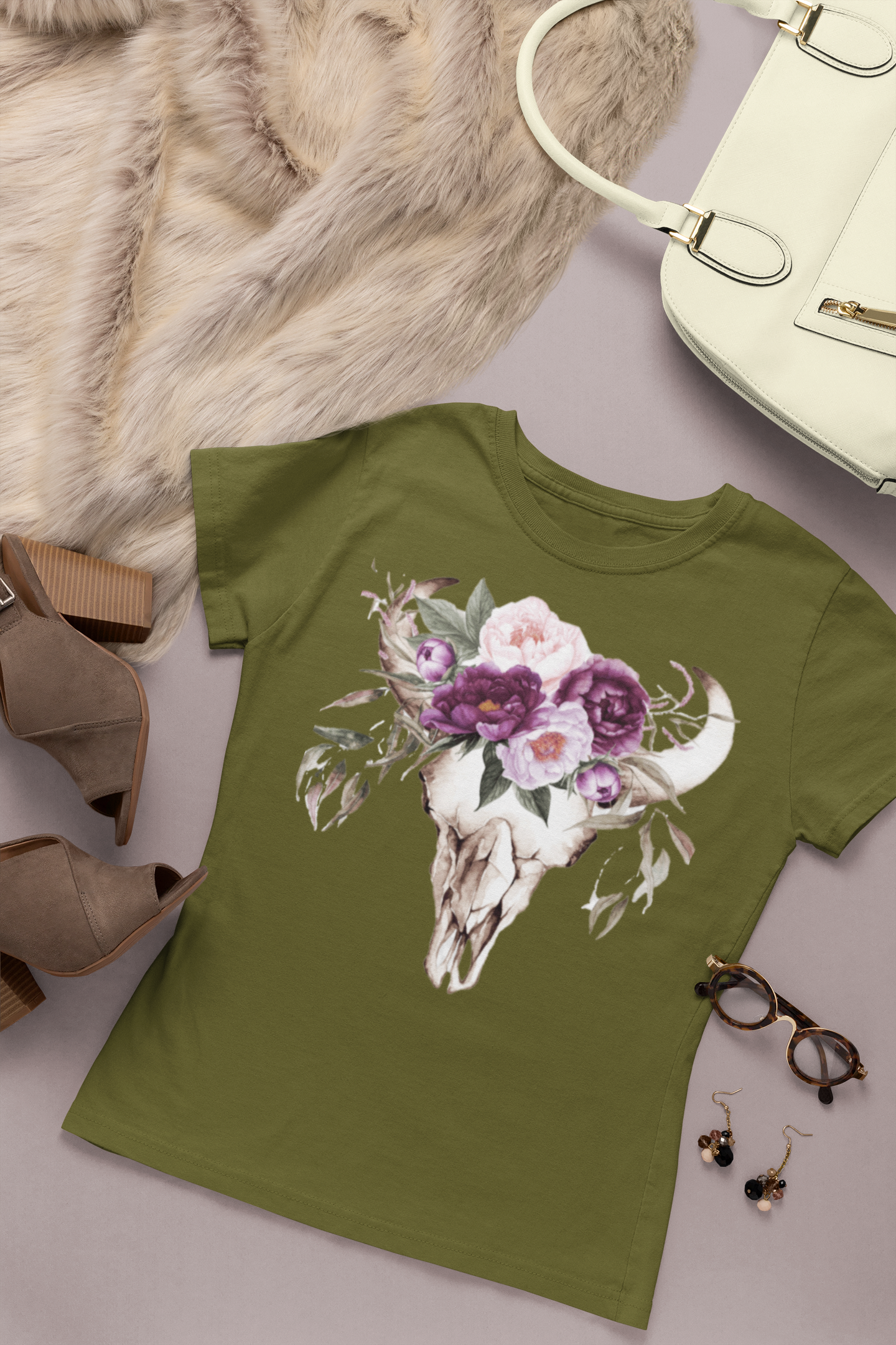 Boho Bull Skull & Purple Flower T-Shirt